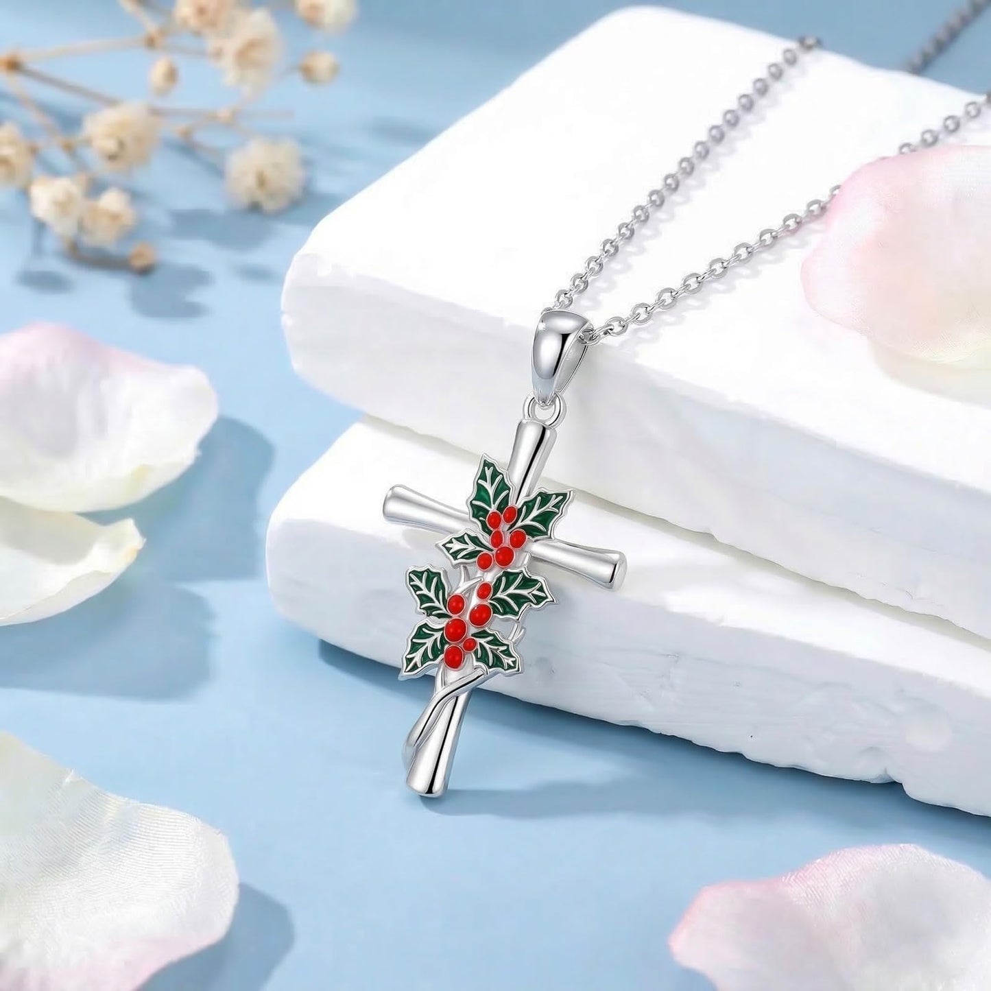 Cargari Holly Cross Necklace for Women 925 Sterling Silver Holly Cross Pendant Necklace Christmas Floral Jewelry Gift for Women