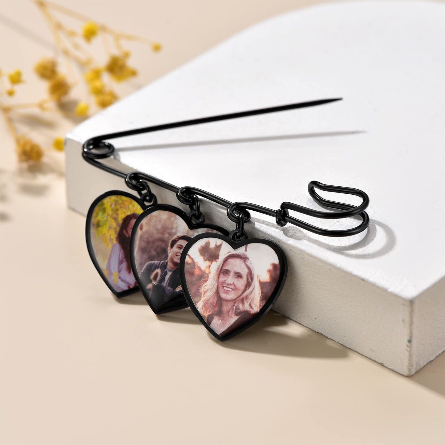 Custom4U Photo Charm for Bouquet Heart Shaped Brooch Pins with 3 Pictures Customized Memorial Wedding Jewelry