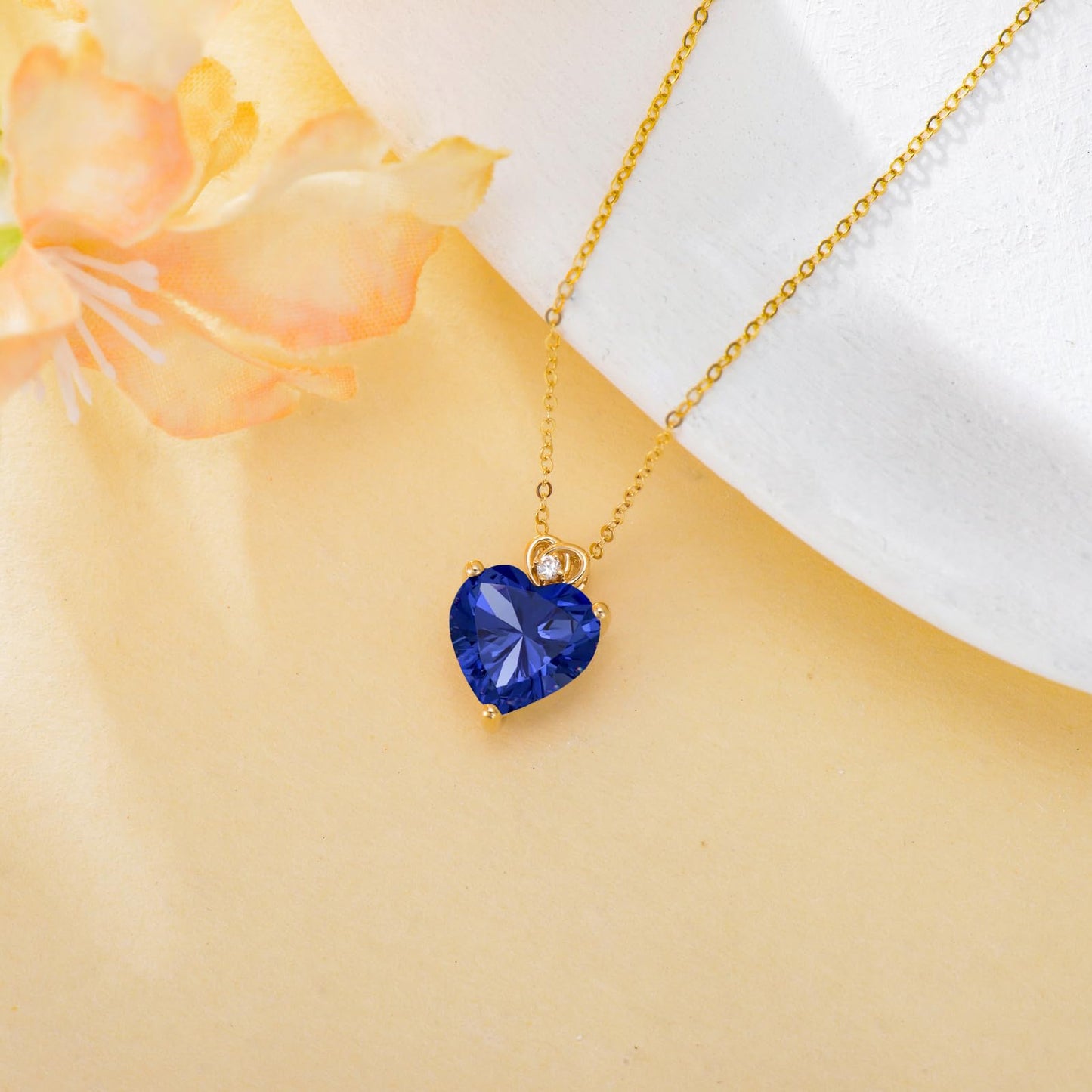 NFYBD 14k Gold Love Heart Blue Sapphire Birthstone Pendant Necklace for Women 3 Carat Heart-cut Created Gemstone Anniversary Birthday Mother's Day Necklaces for Her 16+1+1 inch-Sept