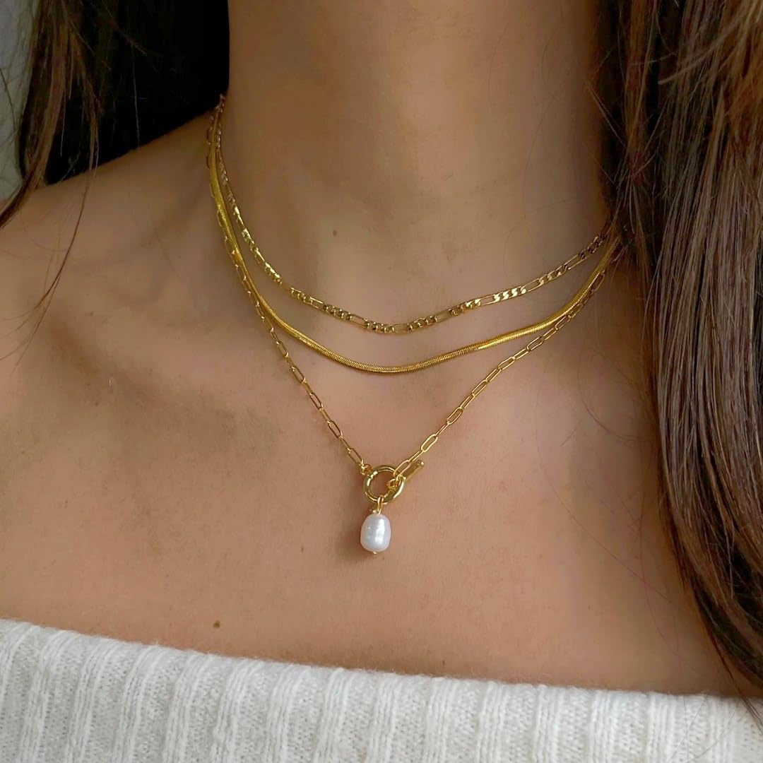 Hclian Gold Layered Necklaces for Women,3Pcs Dainty 14k Gold Plated Stackable Choker Necklaces for Women,Trendy Layering Pearl Chain Paperclip Pendant Jewelry Set Gifts