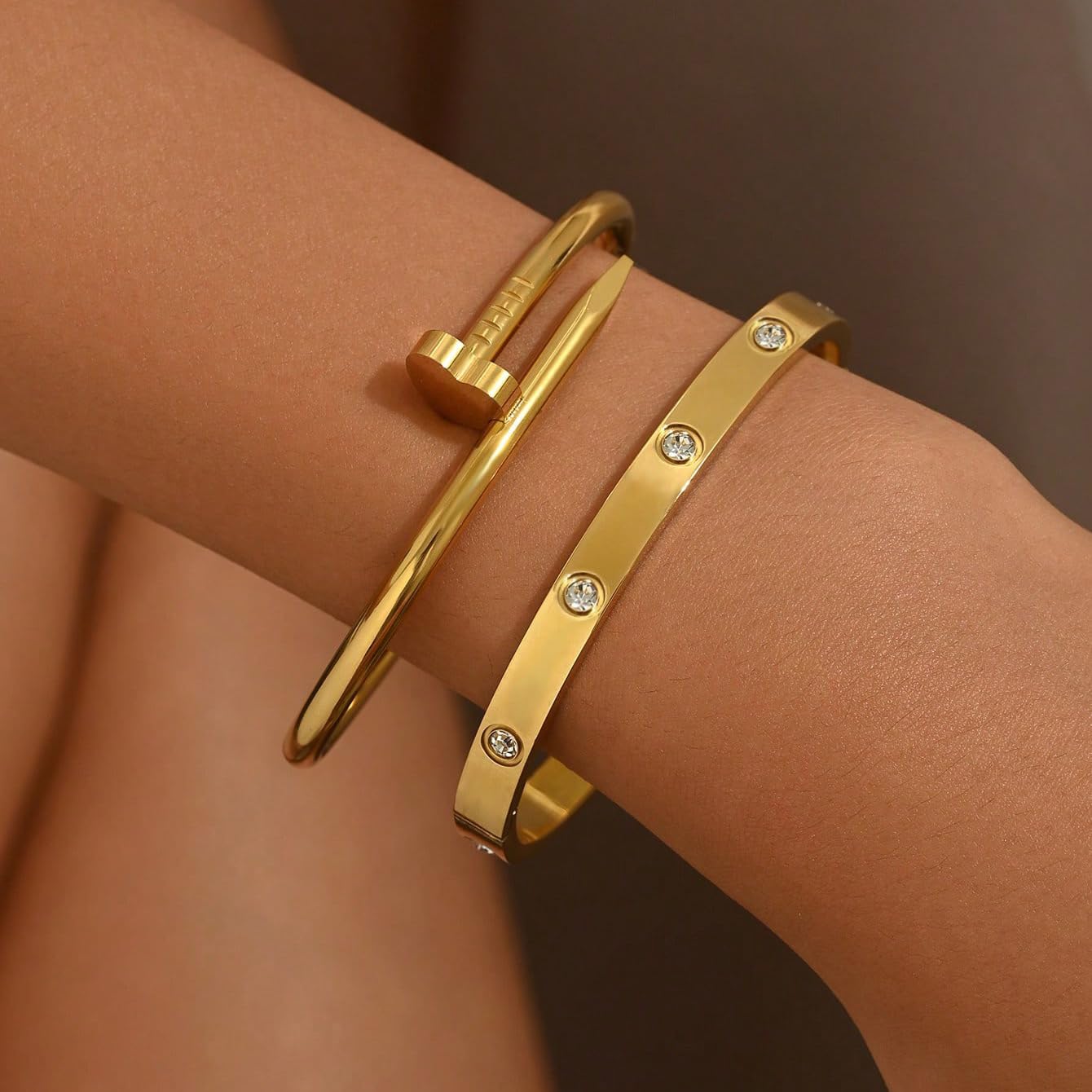 sineed 18K Gold Plated Stainless Steel Love Nail Bangle Clover Bracelet Set Stackable Dupes for Love Trendy Jewelry (Gold)
