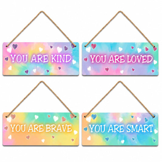 4 Pieces Tie Dye Kids Room Wall Decor Wooden Signs, Motivational Wall Art for Girls Bedroom, Nursery, Playroom, Classroom Decor, You Are Loved Brave Kind Smart(Sign-04)