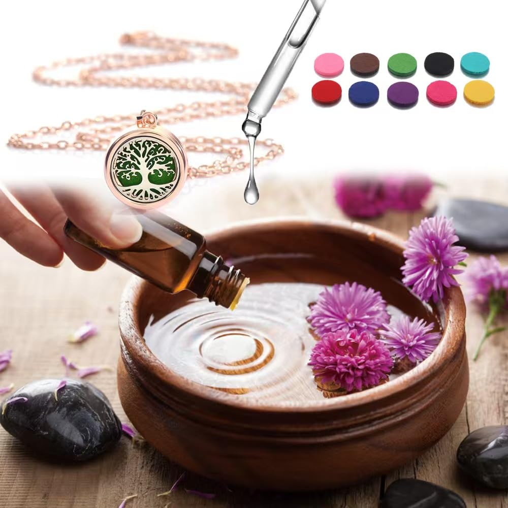 4-Piece Rose Gold Tree of Life Aromatherapy Necklace Set, Essential Oil Diffuser Pendant, Women's Stainless Steel Fragrance Jewelry, Includes Replacement Cotton Pads