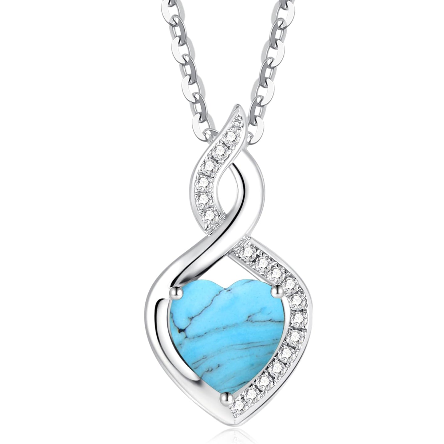 FANCIME Turquoise Necklace 14K Solid White Gold Heart Pendant with Diamond December Birthstone Necklace Jewelry Gifts for Mom Women