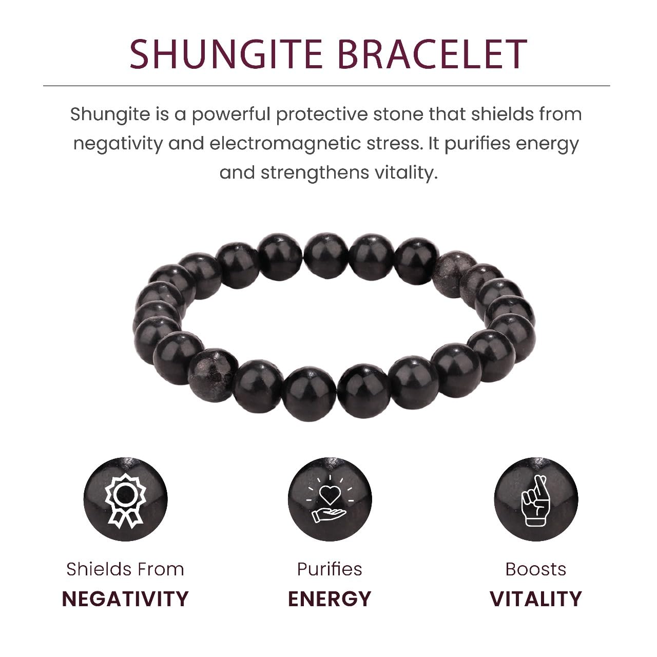Crystal Vibe Protection Bracelet – Shungite Bracelet for Grounding Healing Energy – Natural 8mm Gemstone Beads Bracelet for Women Men