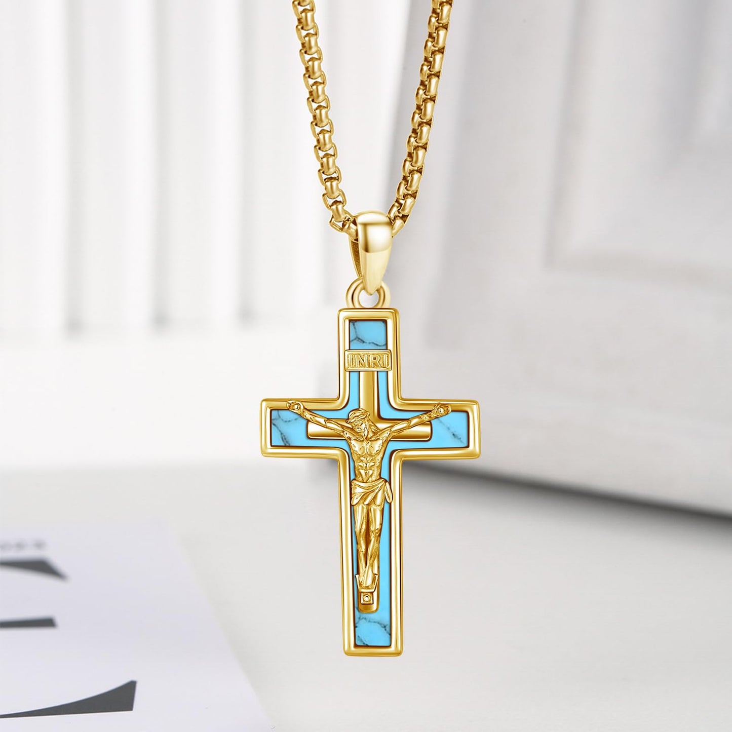 YEESIA Cross Necklace for Women Men 925 Sterling Silver Gold Jesus Crucifix Pendant Necklace with Turquoise Cross Jewelry Gift for Women Men