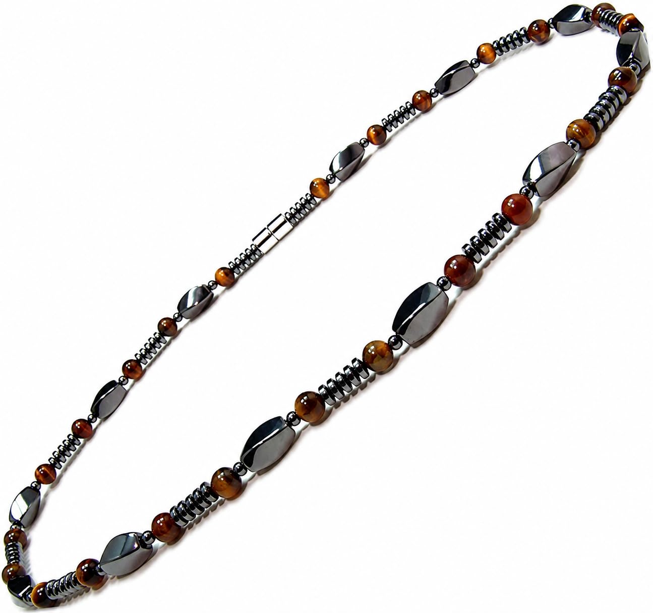 Accents Kingdom Men's Tiger Eye & Hematite Necklace - Natural Stone Beaded Necklace with Magnetic Clasp, Modern Masculine Jewelry for Casual, Business & Golf Wear, 24"