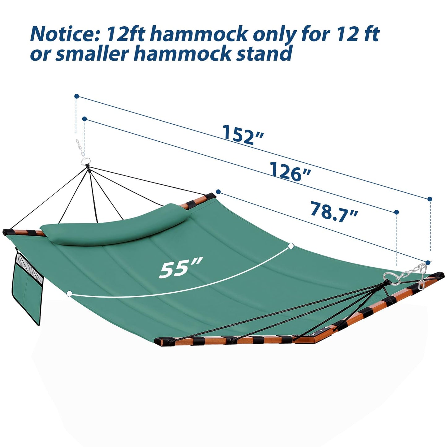 TegerDeger 12FT 2 Person Hammock Large Hammock 450LB Capacity with V Shaped Hardwood Spreader Bar & Nylon Rope for Outside, Patio, Garden, Backyard, Beach, Poolside - Lake Blue