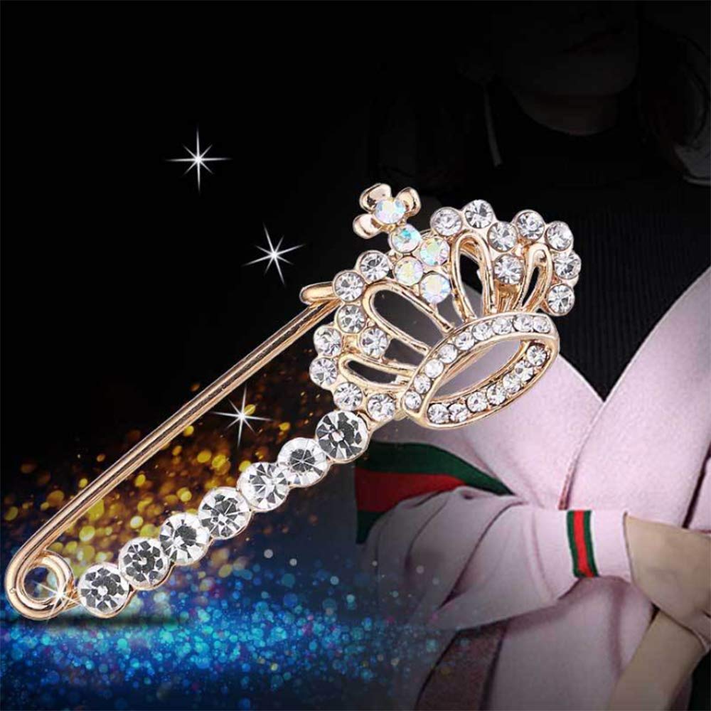 Shiny Crystal Crown Brooch Pin Elegant Rhinestone Royal Princess Safety Brooches Dress Sweater Coat Pins Gold Plated Fashion Jewelry for Women Men (Crown Safety pin)