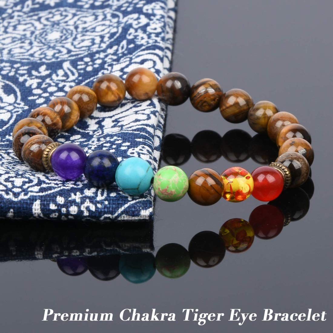 GelConnie Chakra Bracelet 8mm Natural Stone 7 Chakra Tiger Eye Elastic Bead Bracelet Reiki Healing Energy Stretch Bracelet Anti Anxiety Relax Bangle Meditation Balance Yoga Bracelet for Women Men