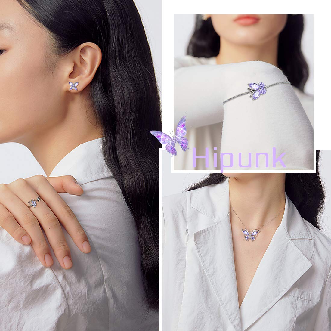 Hipunk Butterfly Blue Jewelry Sets Birthstone Women 925 Sterling Silver June-Alexandrite Birth Stone Animal Butterflies Jewelry Sets/Earring/Ring/Bracelet Set Crystal Birthday Jewelry SS0003U