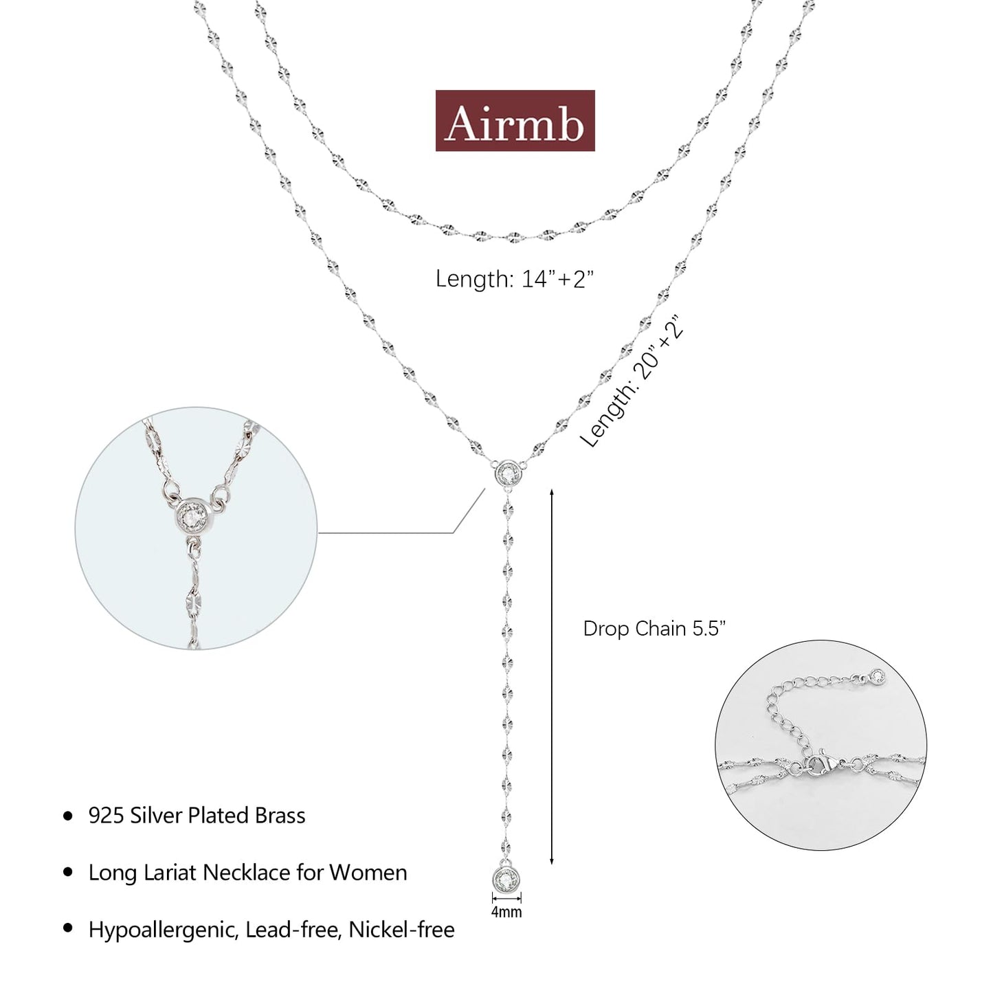 Airmb Lariat Silver Necklace for Women 925 Silver Plated Dainty Long Necklace Y-Shaped Drop Pendant Necklaces Choker Trendy Chain Simple Layered Necklaces CZ Jewelry for Women Set Gift