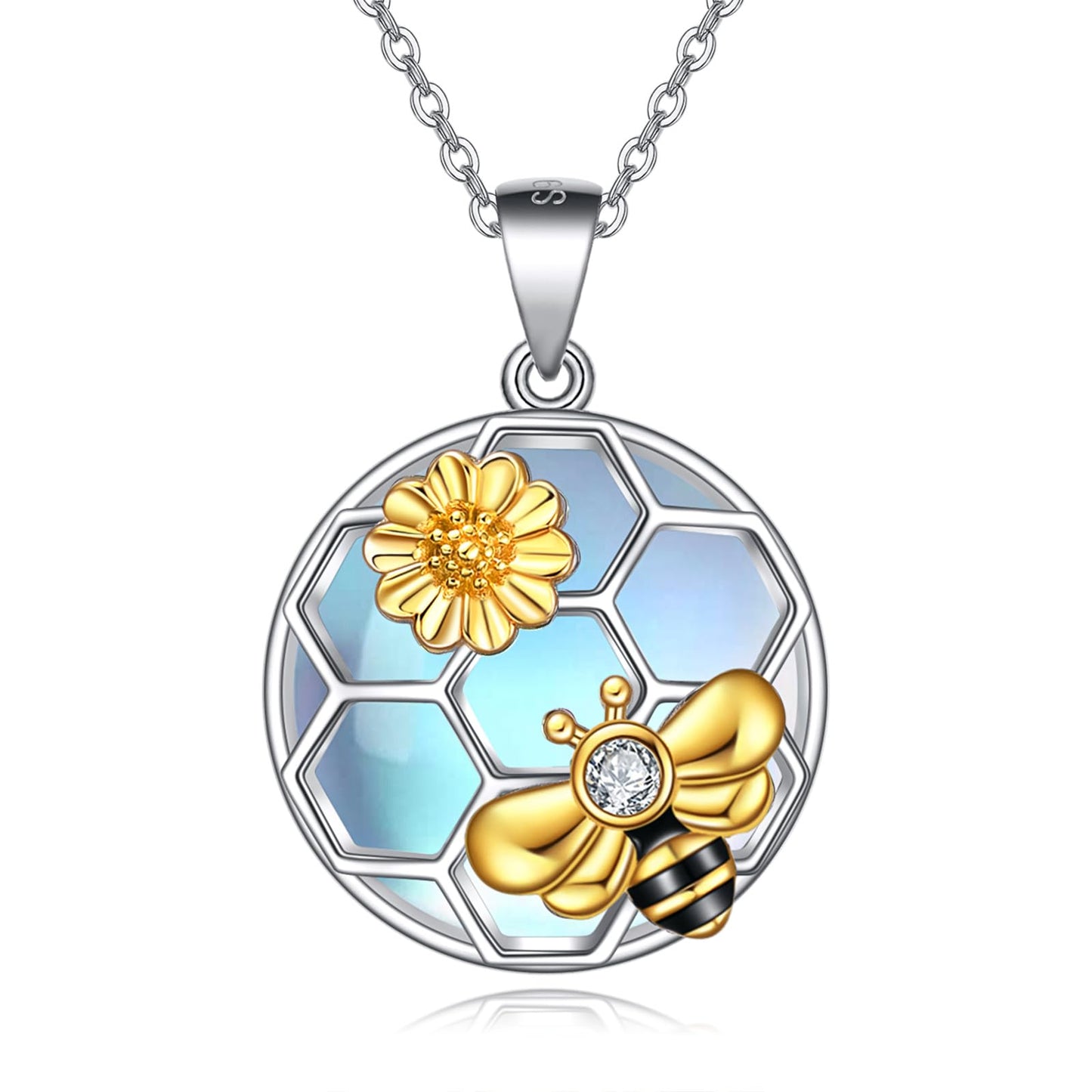 LUHE Bee Necklace 925 Sterling Silver Moonstone Necklace Honeycomb Cute Flower Pendant Necklaces for Women Christmas Gifts for Her Women