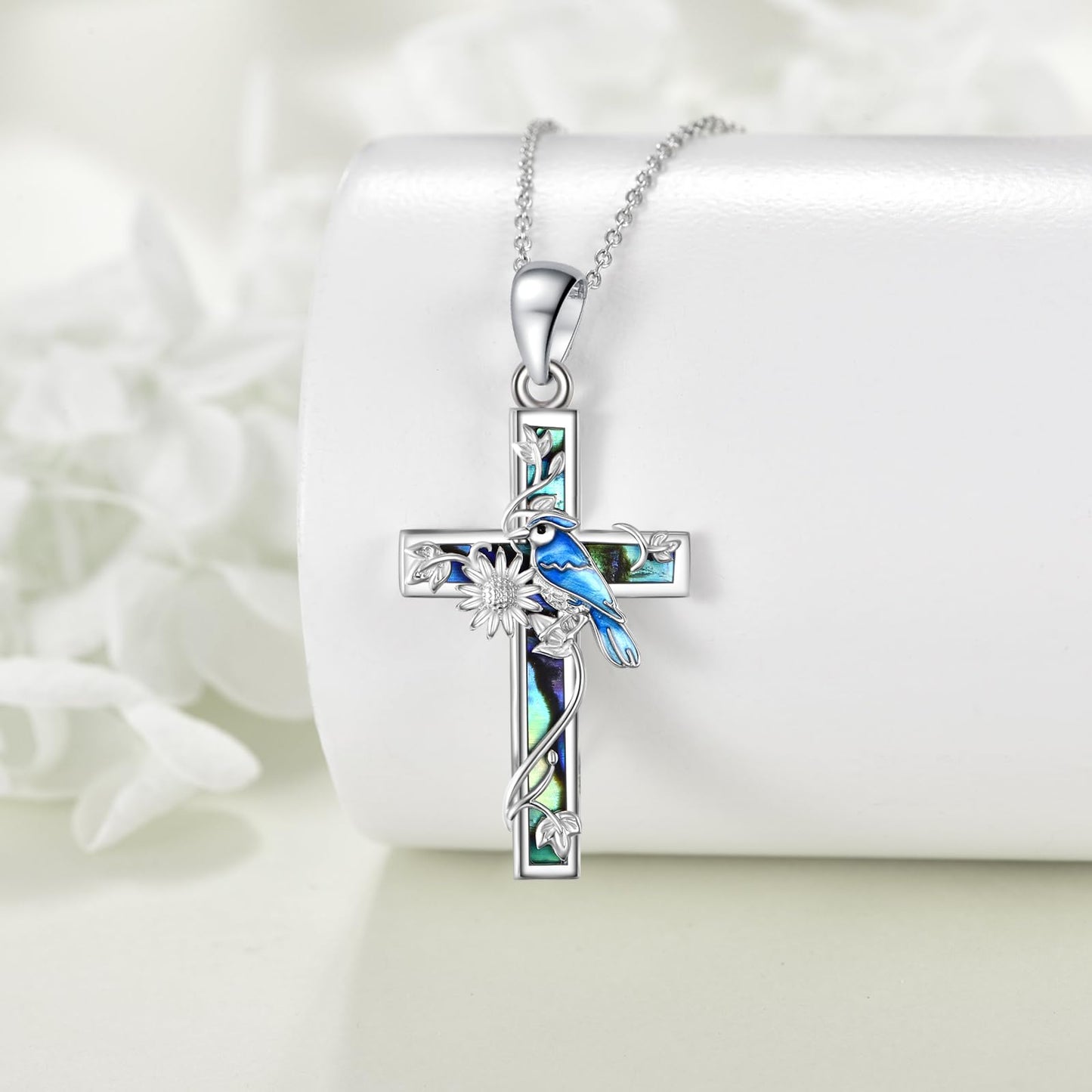 YFN Sunflower Cross Necklace Sterling Silver Blue Jay Cross Pendant Abalone Shell Jewelry Religious Christian Baptism Gifts for Her Women