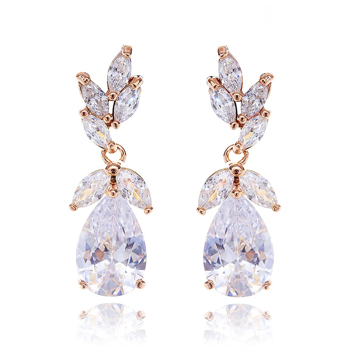 Cubic Zirconia Bridal Earring Rose Gold - Women’s Teardrop CZ Cluster Floral Leaf Crystal Rhinestone Dangle Drop Earring for Bride Bridesmaids Mother of Bride Party Prom