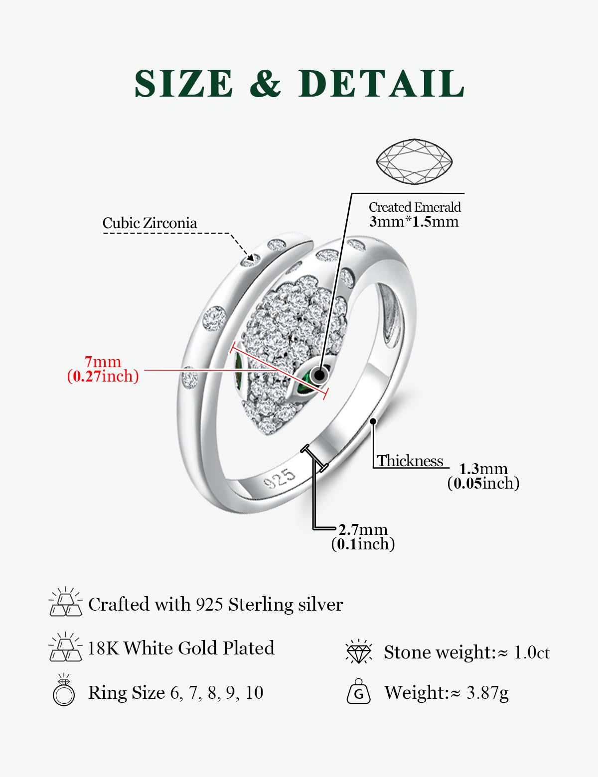 RANDES 925 Sterling Silver Snake Rings for Women Adjustable Gothic Rings Punk Jewelry 1 Carat Lab Diamond and Emerald Open Cocktail Ring Size 10