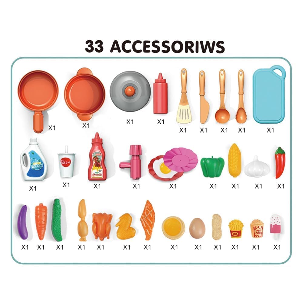 R REVA Cooking Kitchen Set Toy - 33PCS Mini Kitchen Playset for Kids with Water Spray, Light & Sound Effects - Toddler Pretend Play Appliances, Sink & Miniature Food, Educational Gift for Girls & Boys