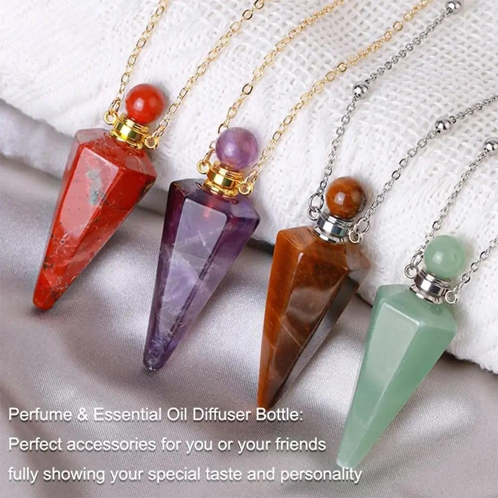 925 Sterling Silver Essential Oil Necklace For Women And Men, Natural Crystal Stone Cone Shape Pendant Necklace Healing Perfume Bottle Necklace Essential Oil Pendant Necklace (4 - Essential Oil Necklace)