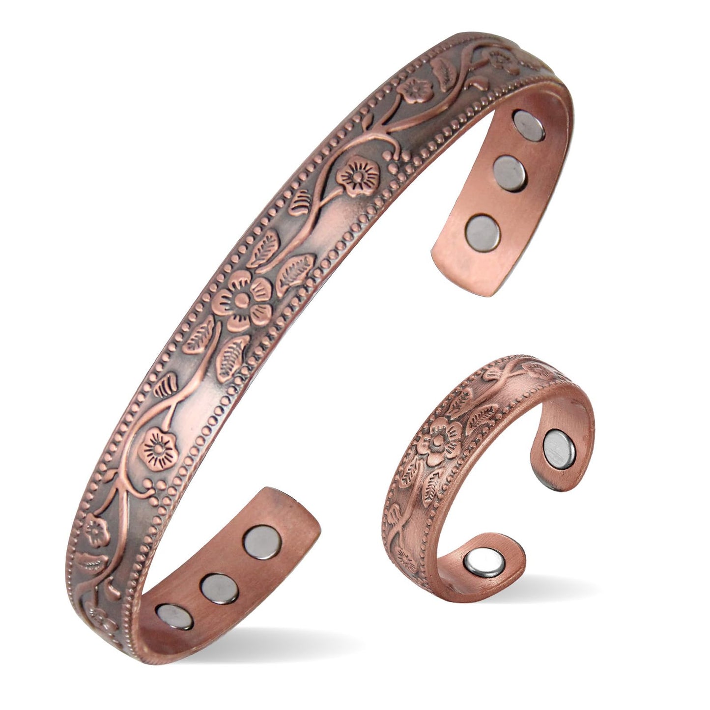 MagEnergy Copper Bracelets and Lymphatic Drainage Rings for Women, 99.9% Pure Copper Vintage Flower Magnetic Bangle with 3500 Gauss Magnets,Adjustable Cuff Jewelry Box