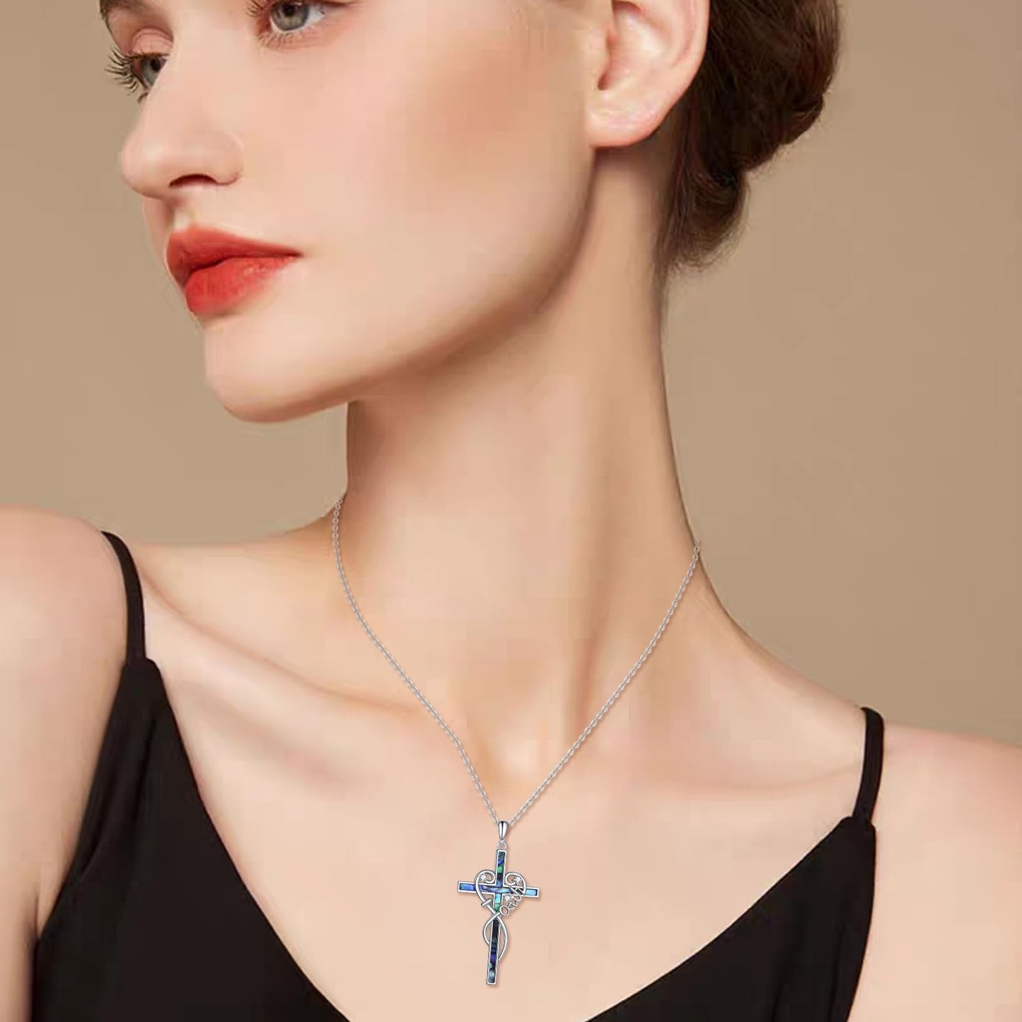 LUHE Faith Cross Necklace for Women Sterling Silver Faith Cross Pendant Necklace with Abalone Christian Jewelry Gift for Her