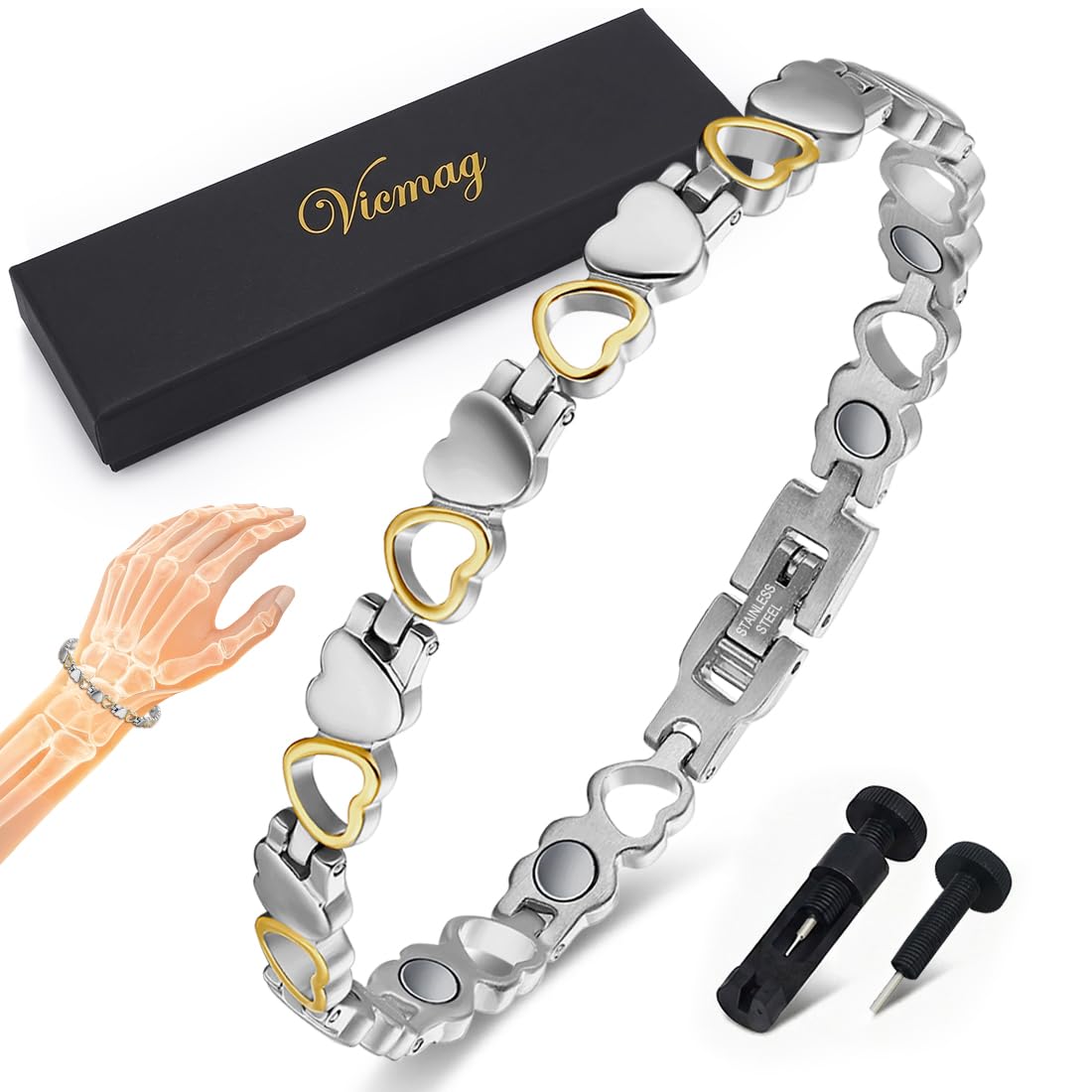 Vicmag Magnetic Bracelet for Women, Titanium Steel Bracelet with Ultra Strength Magnets, Waterproof & Adjustable, Jewelry Gift with Sizing Tool(Silver Gold Heart)