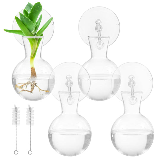4 Pack Glass Window Propagation Stations, Hanging Plant Vases with Suction Cups, Wide-Mouth Terrarium Planters for Water Propagation & Rooting Cuttings, Includes 2 Cleaning Brushes, Home Decor Gift
