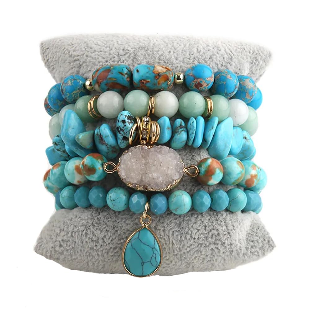 Yomisa 5PCS Natural Boho Beaded Bracelets for Women Men,Healing Turquoise Jasper Agate Crystal Gemstone Stone Diamond Chakra Multilayer Wrap Bohemian Handmade Jewelry Beads Stretch Bracelet Set