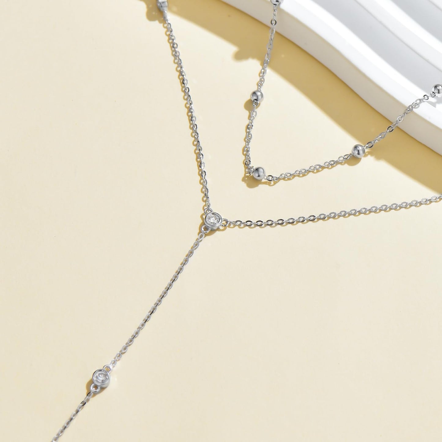 LWXIE Diamond Station Layered Lariat Necklace for Women 925 Sterling Silver Layering Y-Shaped Chain Necklace with Lab Grown Diamond Jewelry Gifts 0.3 CTTW D Color VVS Clarity, 14 inch + 16 inch Chain