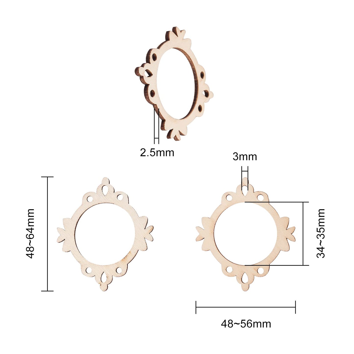 LiQunSweet 100-Pieces 48~64mm Undyed Wood Photo Frame Pendants Wooden Cutout Unfinished Necklace Earrings Charms Mixed Shape for Jewelry Making DIY Craft