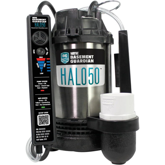 WAYNE HALO50 Smart Sump Pump – ½ HP Stainless Steel Basement Protection Pump, Up to 5,100 GPH – Digitally Connected Flood Protection with App Monitoring – Quiet Operation