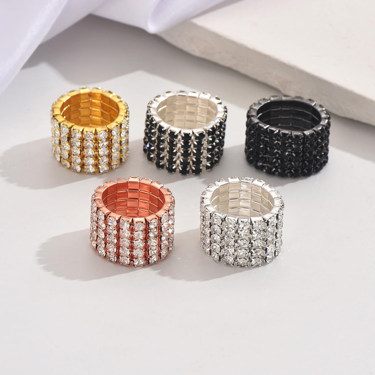2PCS Rhinestone Stretch Ring for Women Sparkling Gold Silver Black Crystal Knuckle Ring Set Fashion Crystal Stackable Finger Rings Set Elegant Bridal Wedding Stretchy Statement Rings Jewelry (Gold)