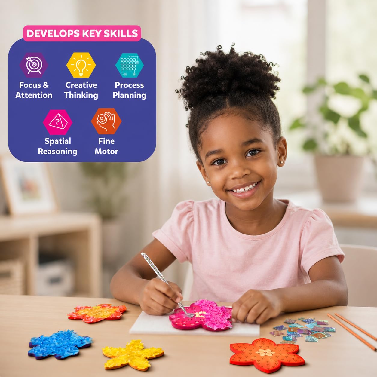 Skillmatics Poke-in Art - Flower Bouquet, DIY Wood Craft Kit, Mess-Free Creative Play for Girls and Boys Ages 4, 5, 6, 7, 8, 9, Fine Motor Skills, Screen-Free Fun