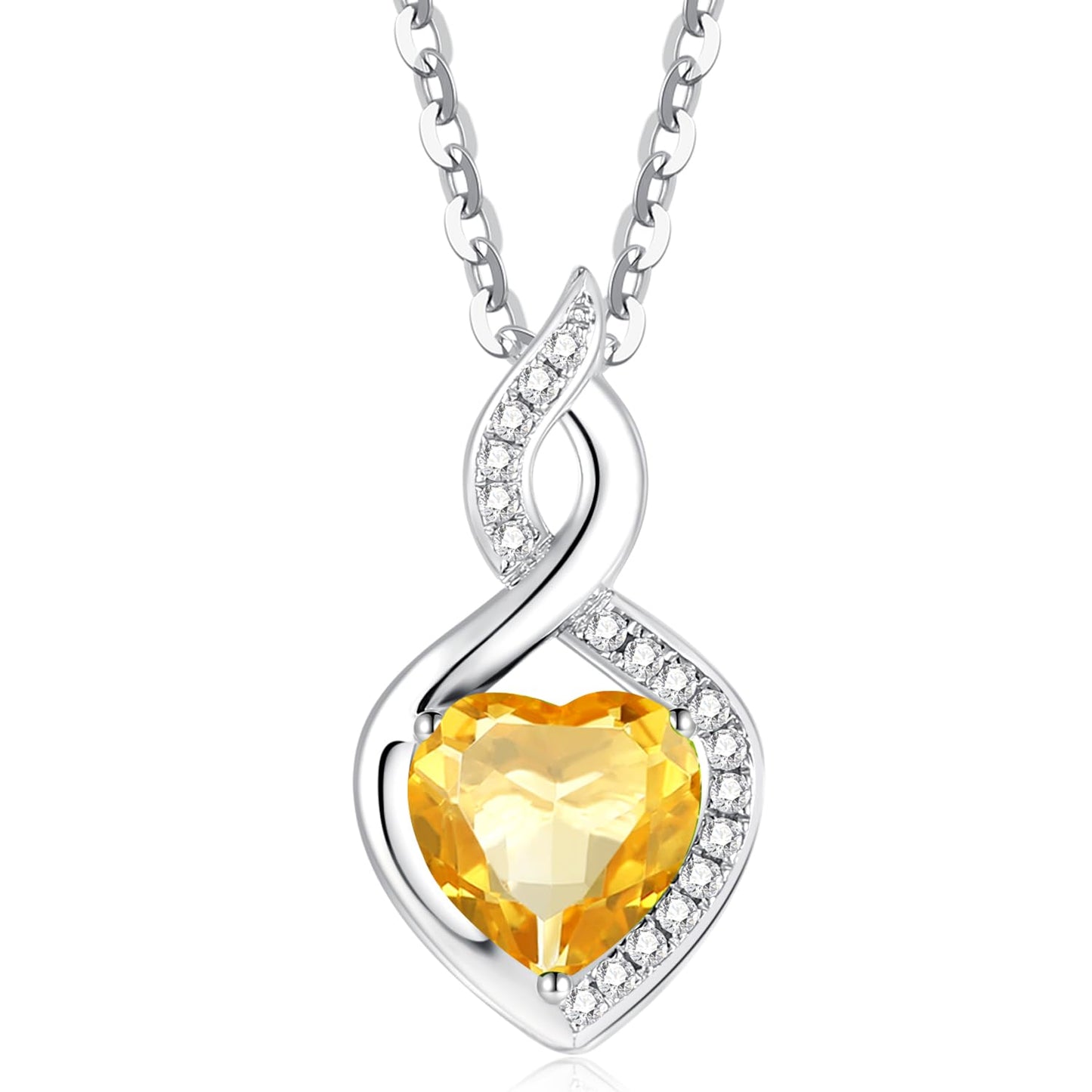 FANCIME Citrine Necklace 14K Solid White Gold Heart Pendant with Diamond November Birthstone Necklace Jewelry Gifts for Mom Women