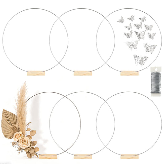6 Pack Floral Hoop with Stand and 38-Yard Paddle Wire 24 Inch Metal Rings for DIY Centerpiece Table Decorations Crafts Macrame Rings Hoop Wreath Dream Catcher Rings Wedding Christmas Wreaths, Silver