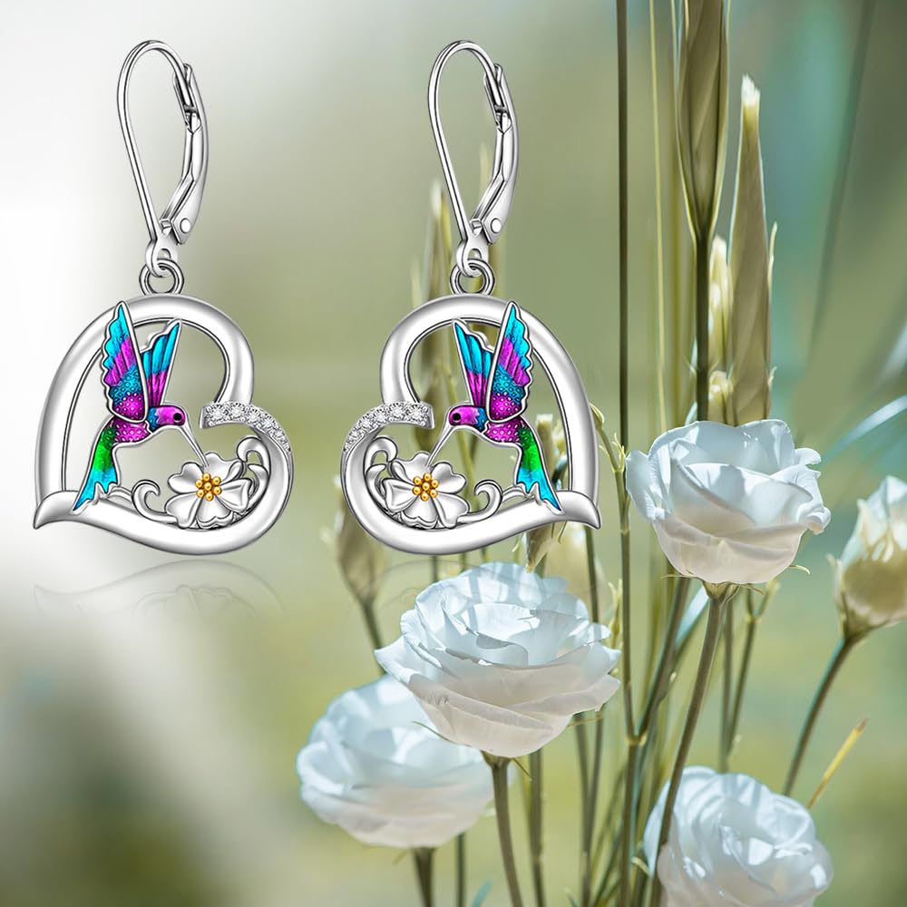 Hummingbird Earrings for Women Sterling Silver Purple Hummingbird Dangle Heart Flower Cute Bird Jewelry Filigree Memorial Mothers Day Healing Gifts