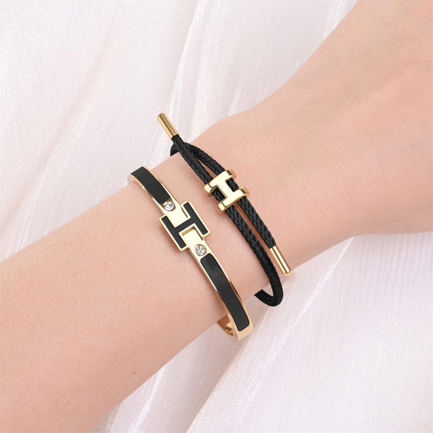 Hothink H Bracelets for Women,H Bangle and H Wire Rope Bracelet Set,Dainty 18K Gold Plated Bracelets Set for Christmas Mothers Day Gifts for Women (Gold-Black)
