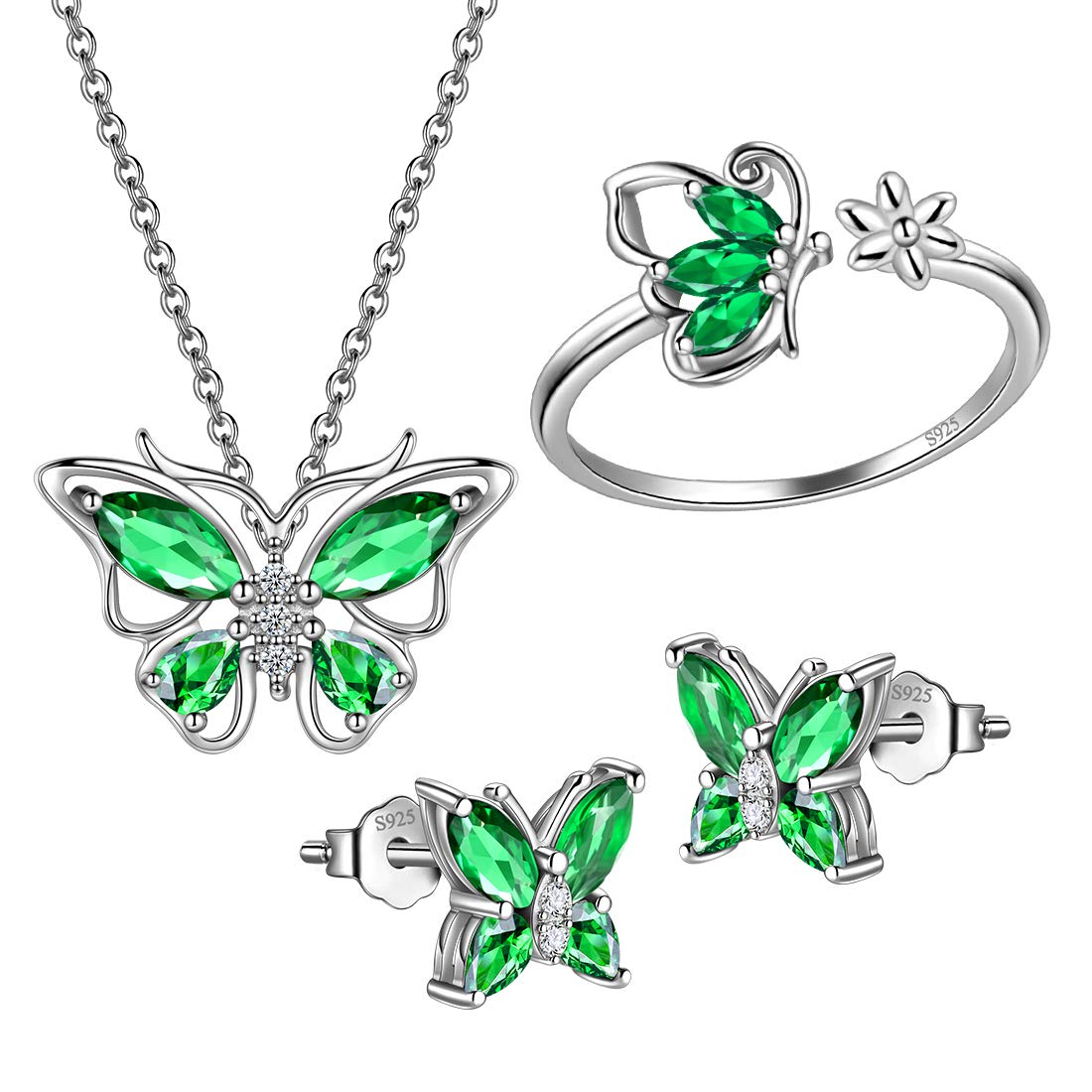 Hipunk Butterfly Green Jewelry Sets Birthstone Women 925 Sterling Silver May-Emerald Birth Stone Animal Butterflies Jewelry Sets/Earring/Ring Set Crystal Birthday Jewelry SS0002G