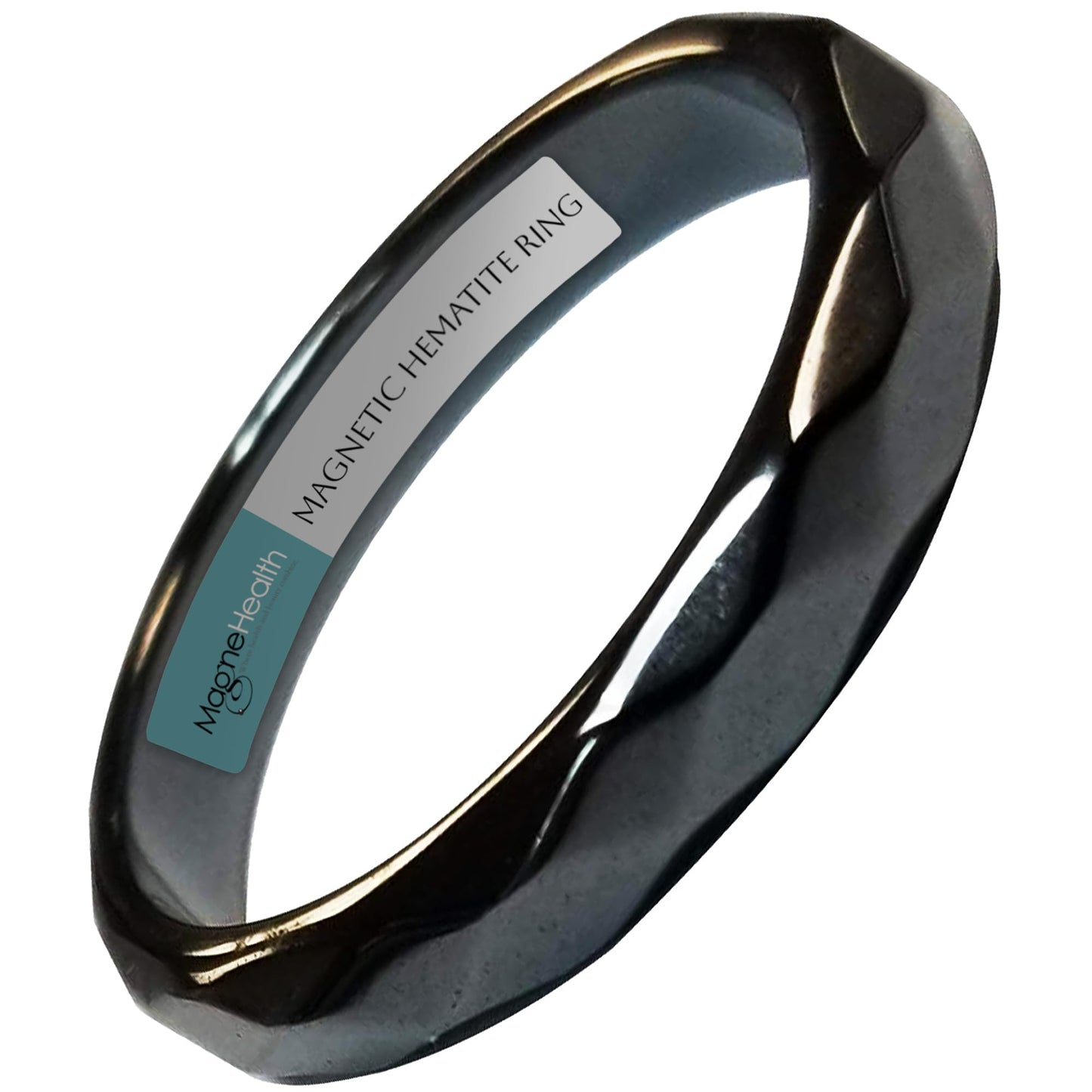 MAGNEHEALTH - Black - Size 10 - Thin Beveled Magnetic Hematite Ring for Women, Absorbs Negative Energy, Magnetic Acupuncture Ring