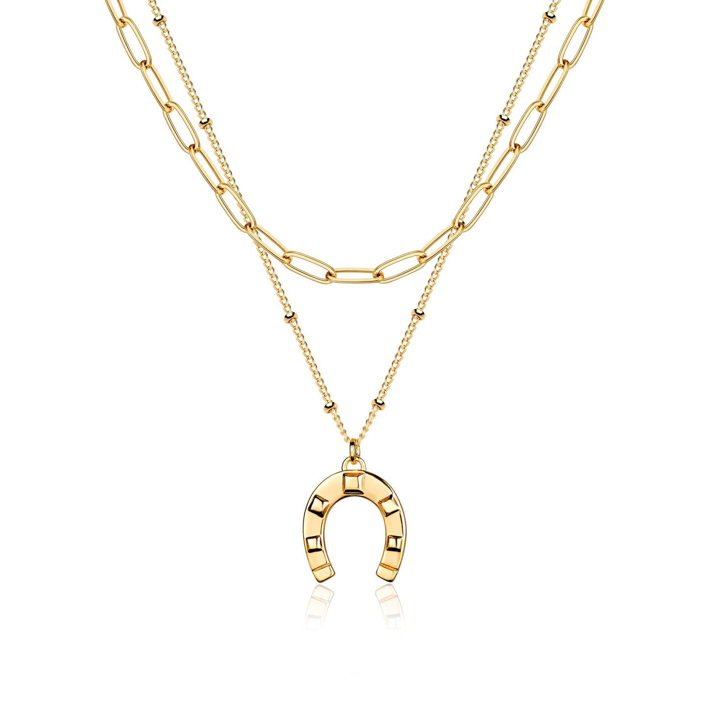 MEVECCO Gold Layered Choker Necklace for Women, 18K Gold Plated Dainty Horseshoe Pendant Minimalist Paperclip Double Layer Necklace for Jewelry