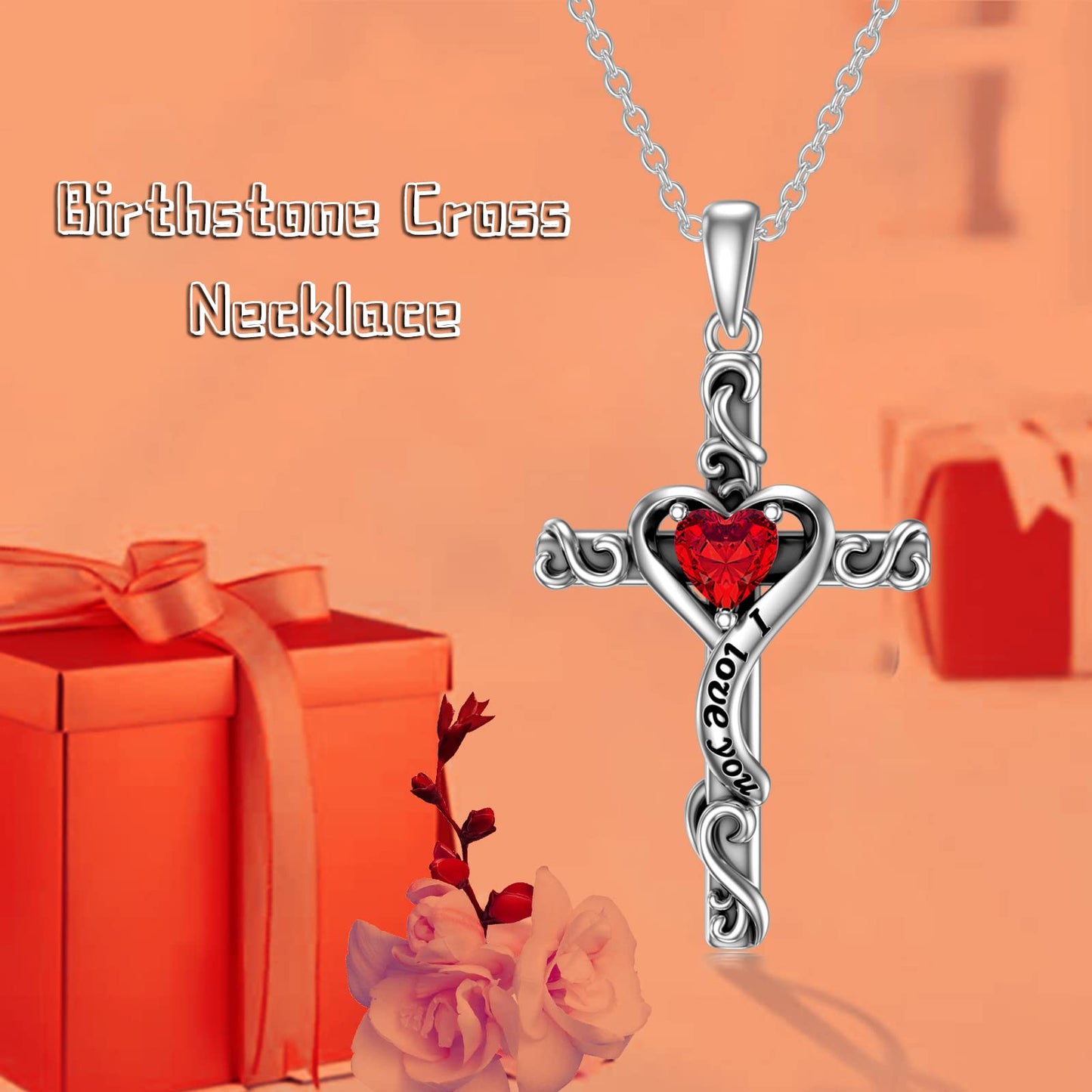 TOUPOP Garnet Cross Necklace for Women Sterling Silver January Birthstone Cross Pendant Necklace Heart Love Jewelry for Her Girlfriend Wife Mom Anniversary Birthday Mothers Day Gifts