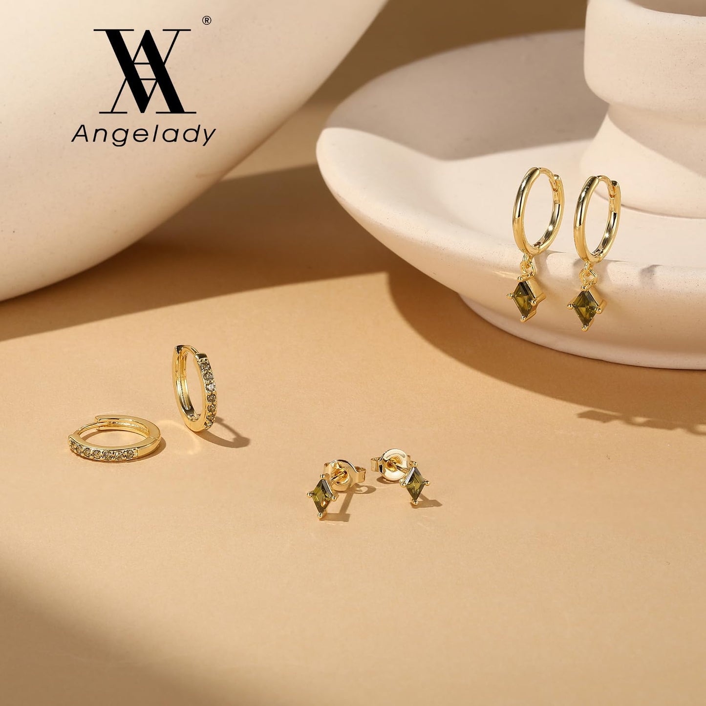 Angelady Gold Hoop Earrings Set for Women, Dainty 14K Gold Plated Green Huggies Earring, Hypoallergenic Dangle Cartilage Hoop Earring Stacks, Olive Green Earrings Trendy Jewelry Gifts