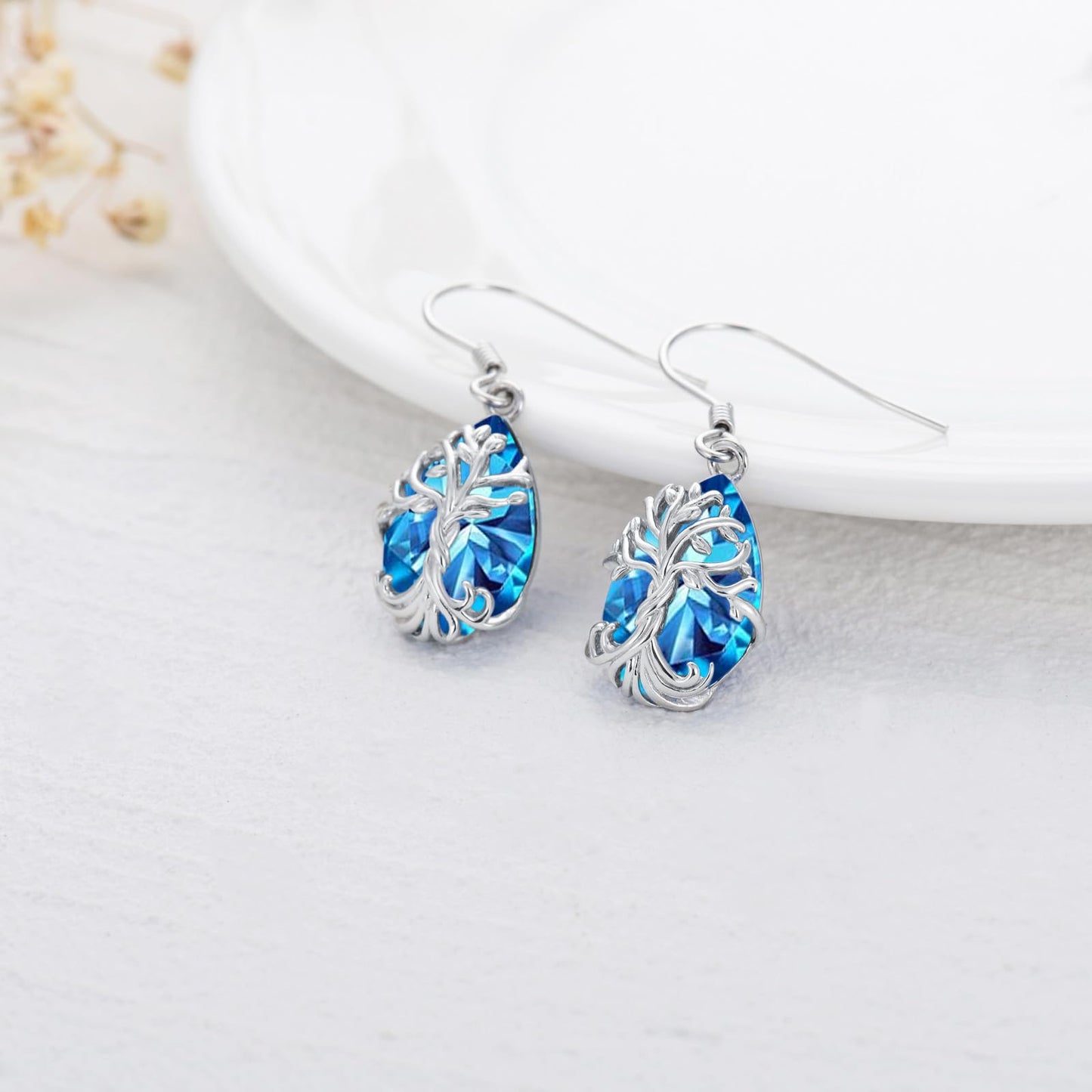 TOUPOP Topaz Tree of Life Earrings Sterling Silver Teardrop December Birthstone Earrings Family Tree Topaz Jewelry Birthday Mothers Day Gifts for Women Mom Her