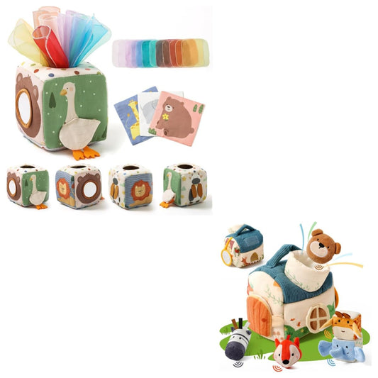 Youuys Baby Toys 6-12 Months Toys （ Montessori Toys Baby Tissue Box Sensory Toys & Jungle Soft Stuffed Animal Set with Rattle） - Toddlers Sensory Montessori Toy for 6 12 18 Months