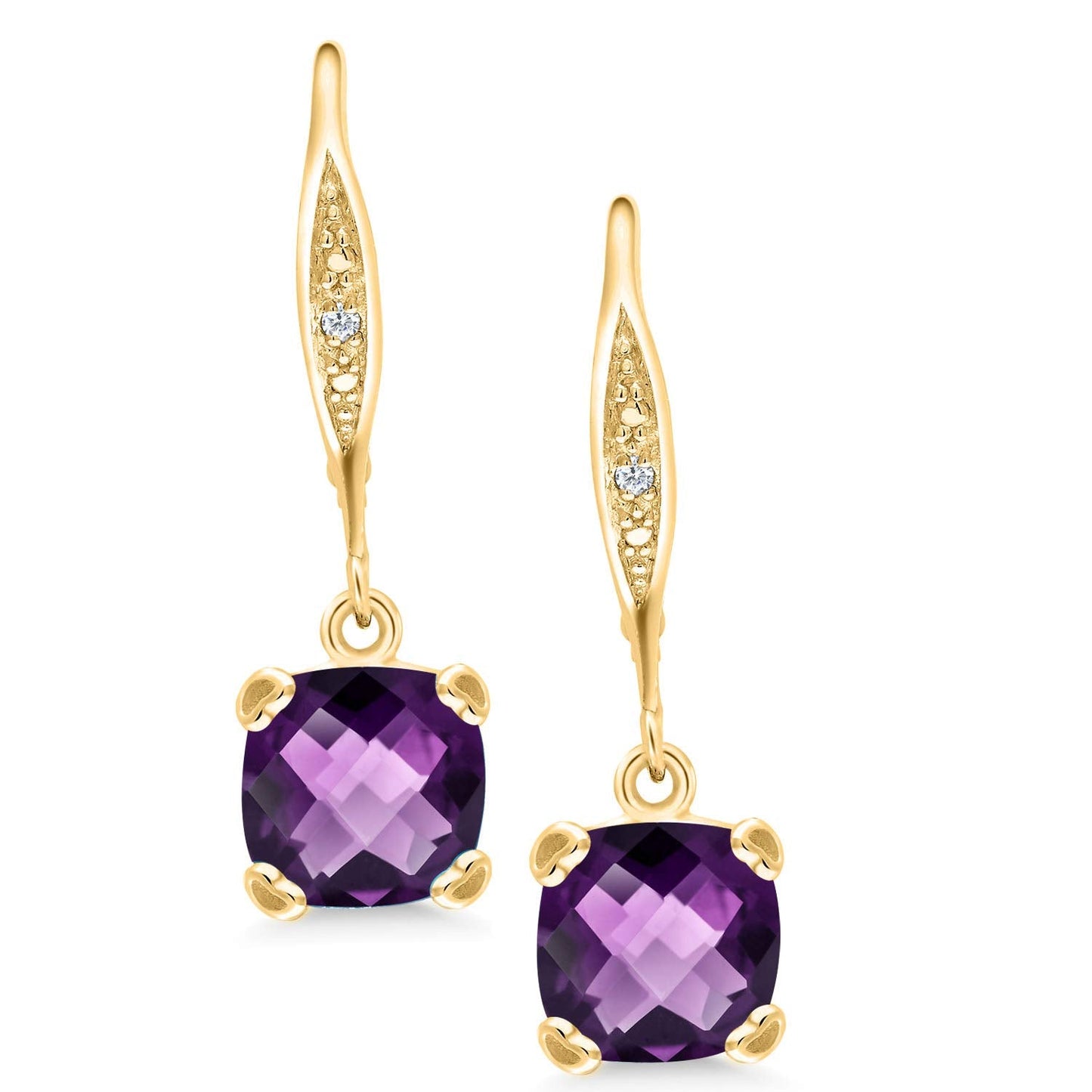 Gem Stone King Drop Dangle Earrings For Women | 7MM Cushion Cut Gemstone Birthstone and Diamond | 925 Sterling Silver | Jewelry Gift for Mom Wife Her | Amethyst-Checkerboard-February | Yellow Gold