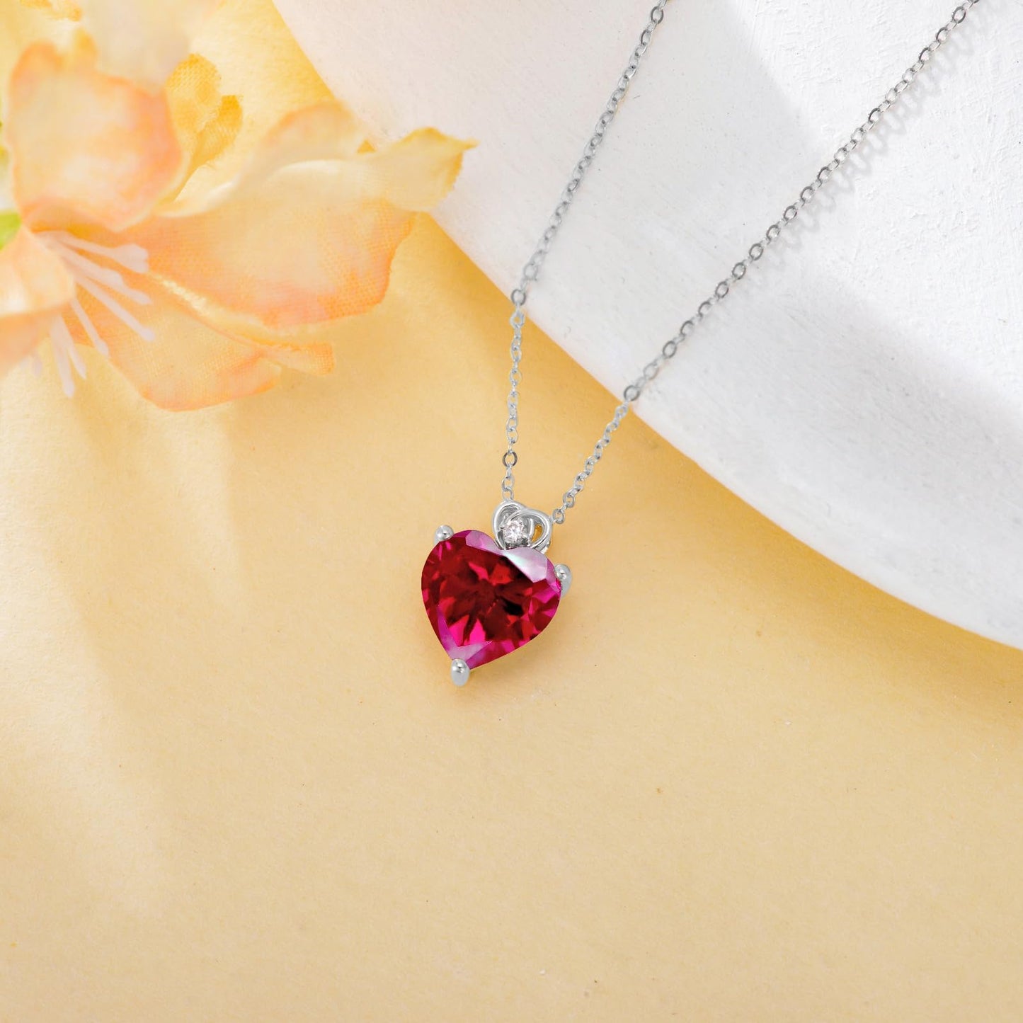 NFYBD 14k White Gold Love Heart Ruby Birthstone Pendant Necklace for Women 3 Carat Heart-cut Created Gemstone Anniversary Birthday Mother's Day Necklaces for Her-jul