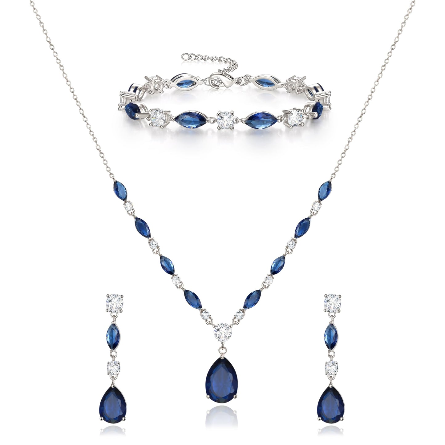 EVER FAITH Blue Cubic Zirconia Costume Party Jewelry for Women, Sparkly Sapphire CZ Elegant Teardrop Wedding Necklace Dangle Earrings Bracelet Set for Bridesmaid