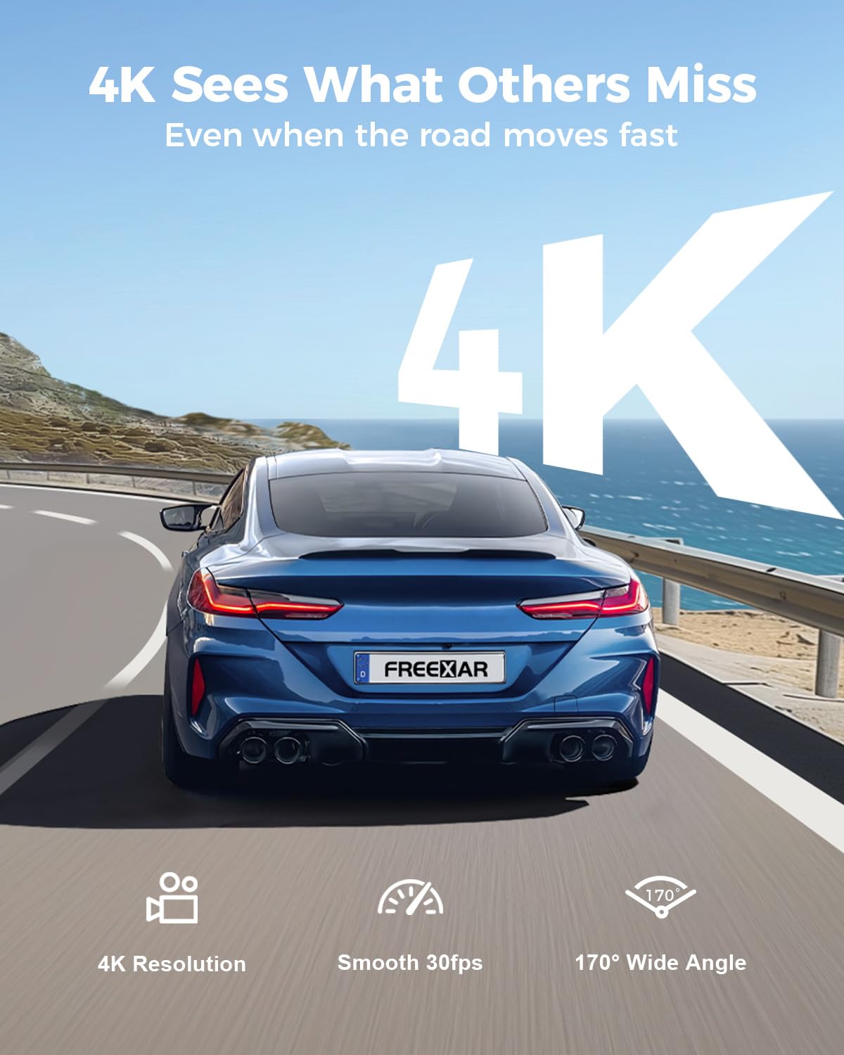 FREEXAR 4K 360° Dash Cam, 4-Channel Dash Camera for Cars, Full Coverage Front Rear Left Right Inside with GPS, 5.8GHz Wi-Fi & App, Night Vision, Voice Control, 24H Parking Mode, 128GB Card Included