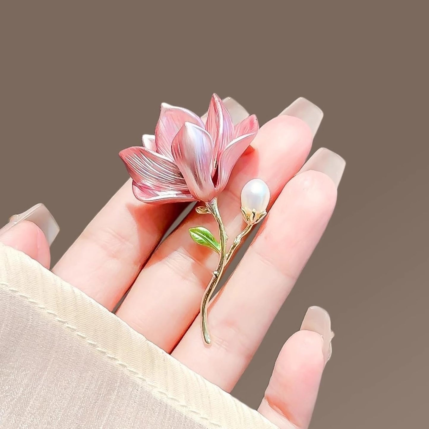 Elegant Flower Brooch for Women, Vintage Premium Enamel Boutonniere, Coat and Suit Pendant Necklace, Jasmine Magnolia Lily Osmanthus Designs (Magnolia-1)