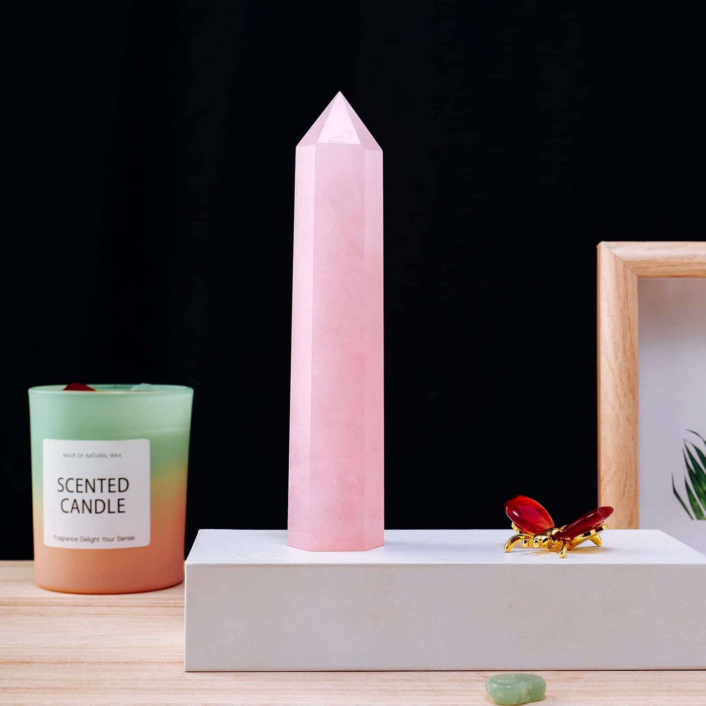 Apengshi Large Rose Quartz Natural Healing Crystal Tower 5.9"-6.3" 6 Faceted Single Point Love Energy Charger Crystal Wand Stone Meditation Home Decor Collection Gift
