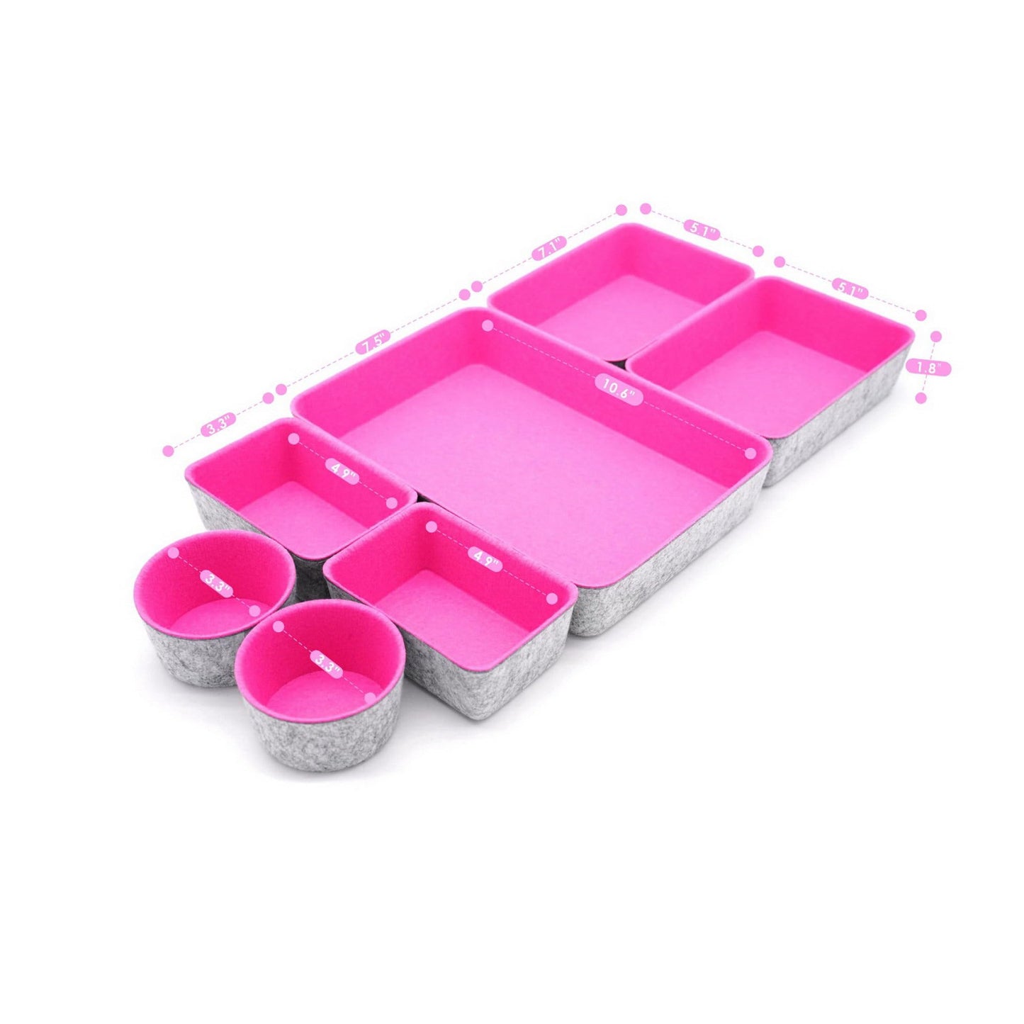 Welaxy Drawer organizers bins felt trays desk storage dividers small round organizing box for office supplies closet cabinet makeup holder 7-piece (Hot pink)